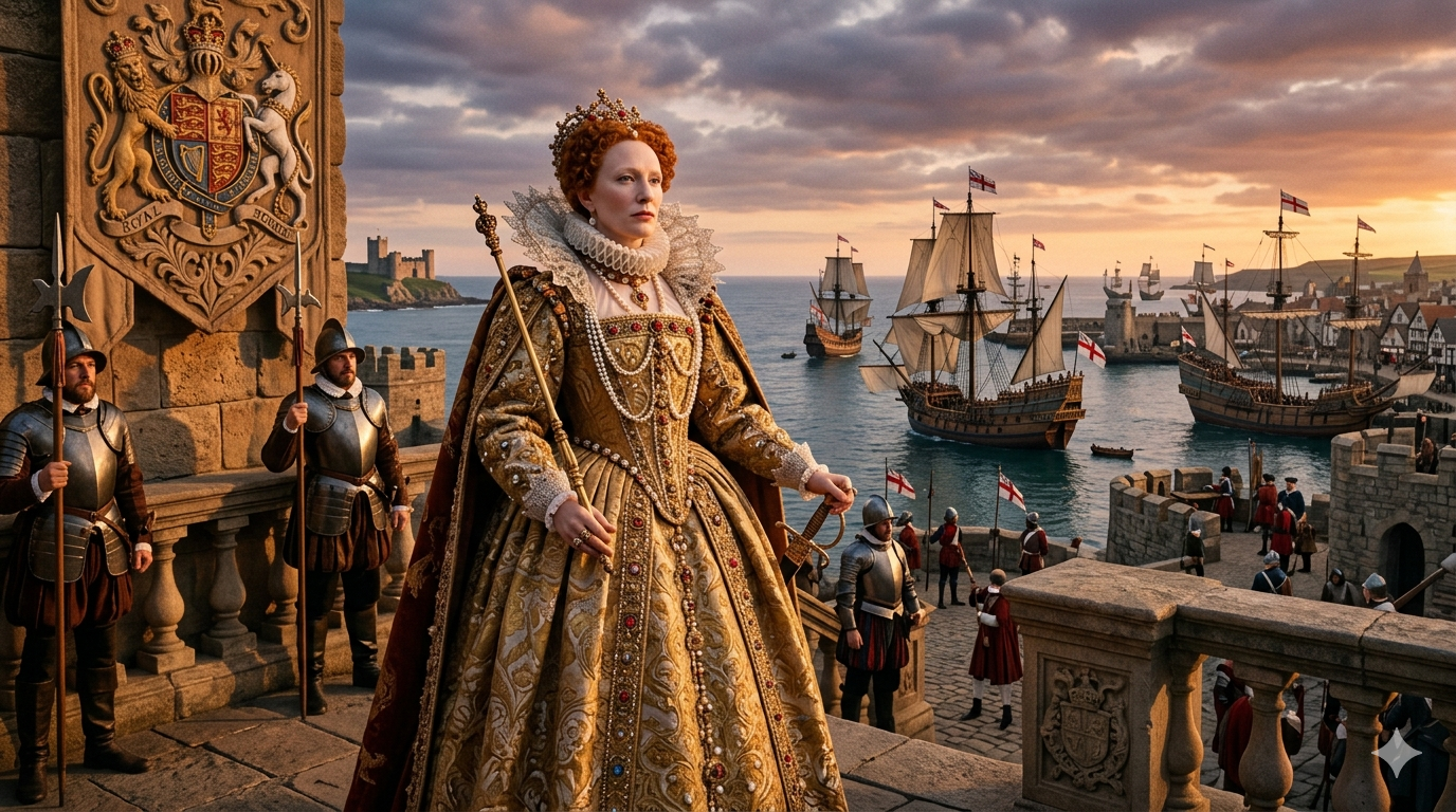 Ritratto maestoso di Elisabetta I d'Inghilterra su un balcone reale, con lo sguardo rivolto al mare e alla flotta di navi Tudor nel porto al tramonto.