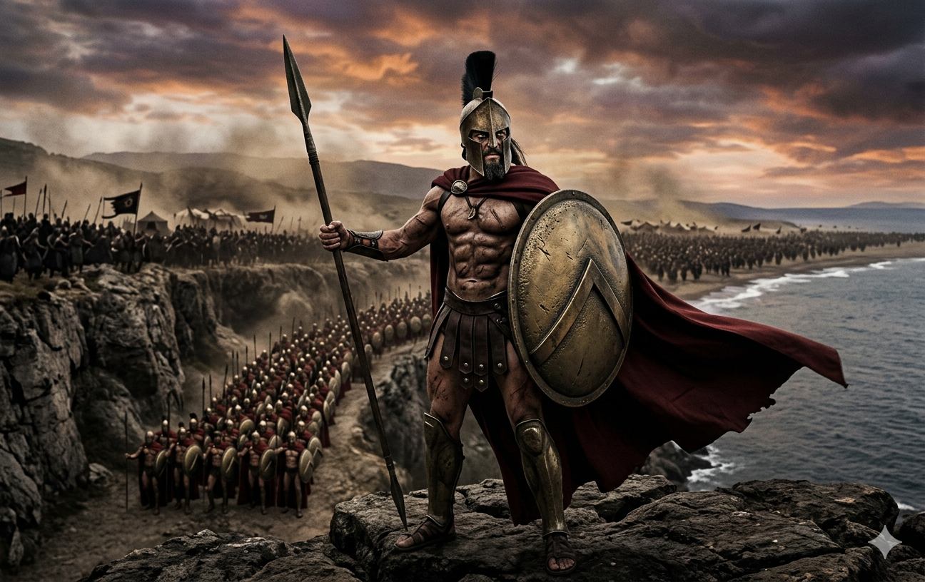 Leonida re di Sparta con mantello rosso e scudo su una scogliera davanti al suo esercito.