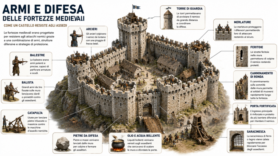 Infografica di epochedistoria, che mostra le principali armi e strutture difensive utilizzate nei castelli medievali. Arcieri, baliste, merlature e torri lavoravano insieme per respingere gli assedianti.